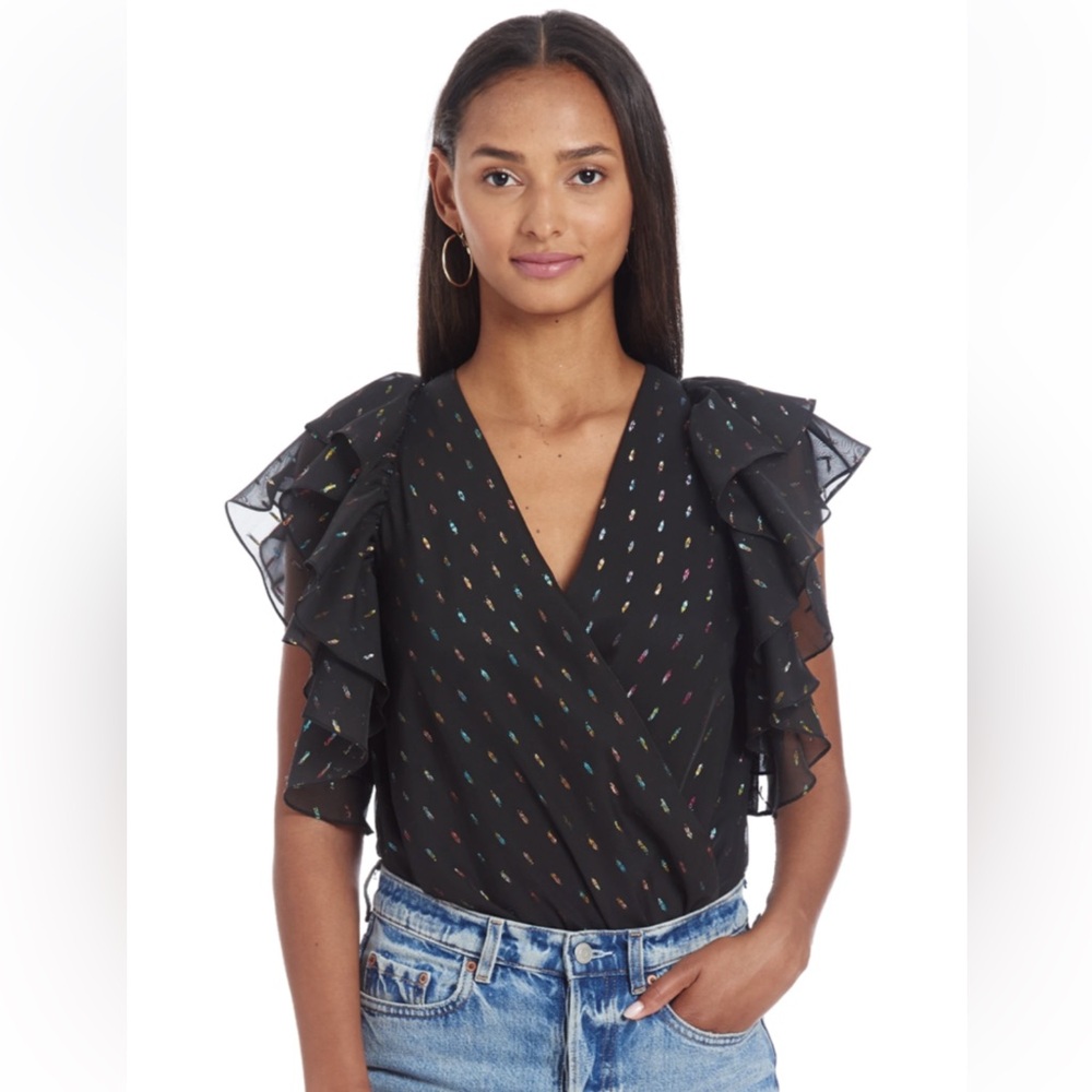 Amanda Uprichard Sycamore Black Multicolor Metallic Flutter Sleeve Bodysuit Sz L